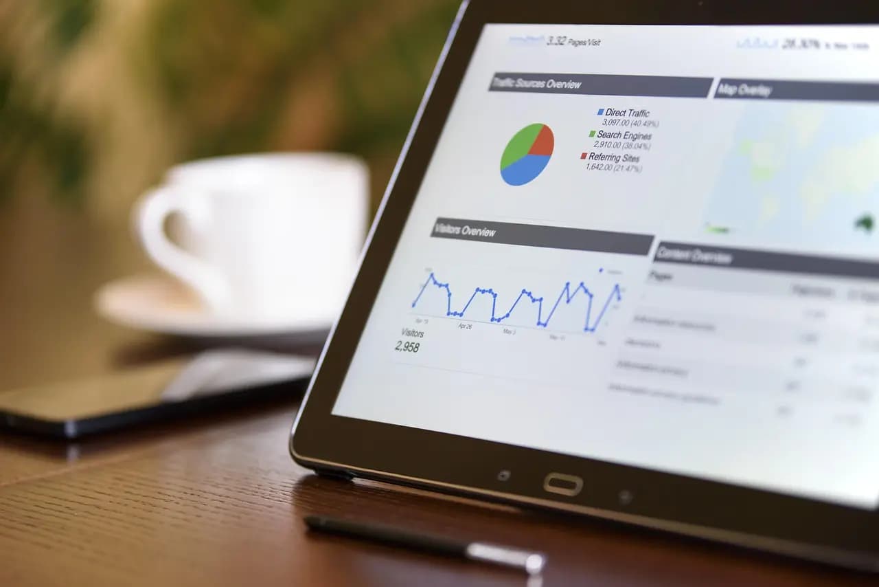 Tablet displaying analytics charts and traffic data, representing 1Social's publishing analytics and performance tracking dashboard